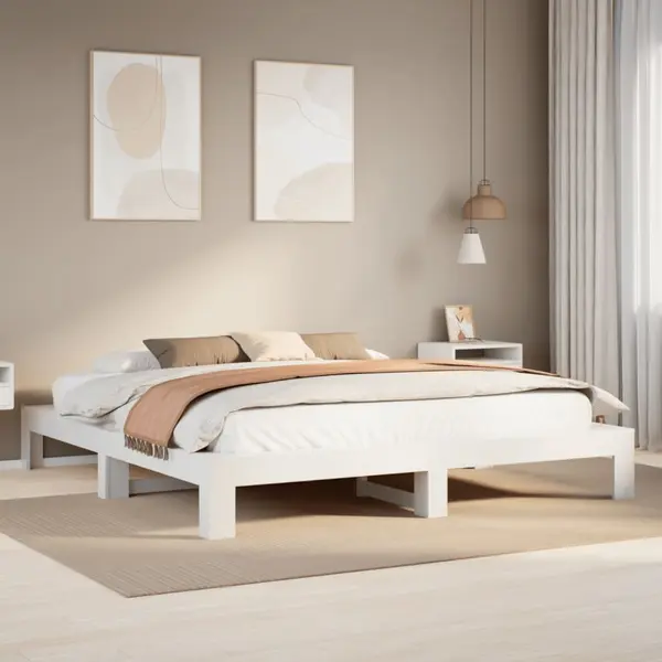 Gossi cadru de pat fara saltea, alb, 200x200 cm, lemn masiv pin
