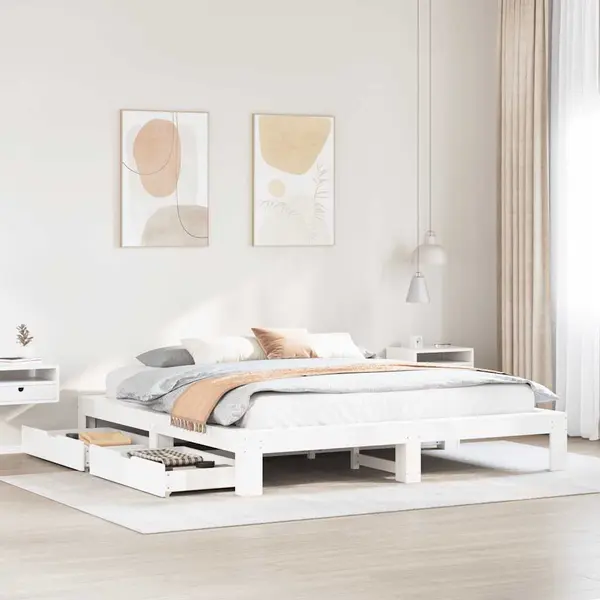 Gossi cadru de pat fara saltea, alb, 200x200 cm, lemn masiv pin