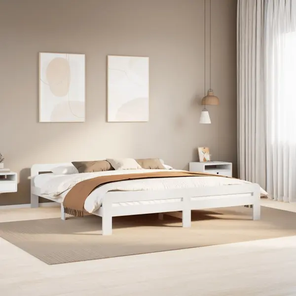Gossi cadru de pat fara saltea, alb, 200x200 cm, lemn masiv pin