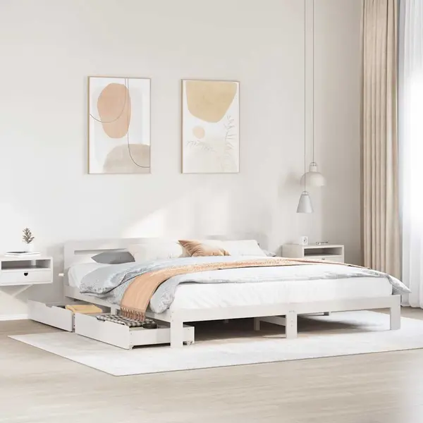 Gossi cadru de pat fara saltea, alb, 200x200 cm, lemn masiv pin
