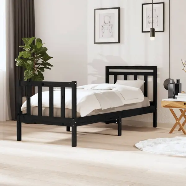 Gossi cadru de pat mic single, negru, 75x190 cm, lemn masiv