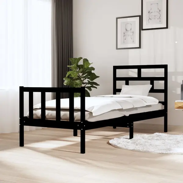 Gossi cadru de pat mic single, negru, 75x190 cm, lemn masiv de pin