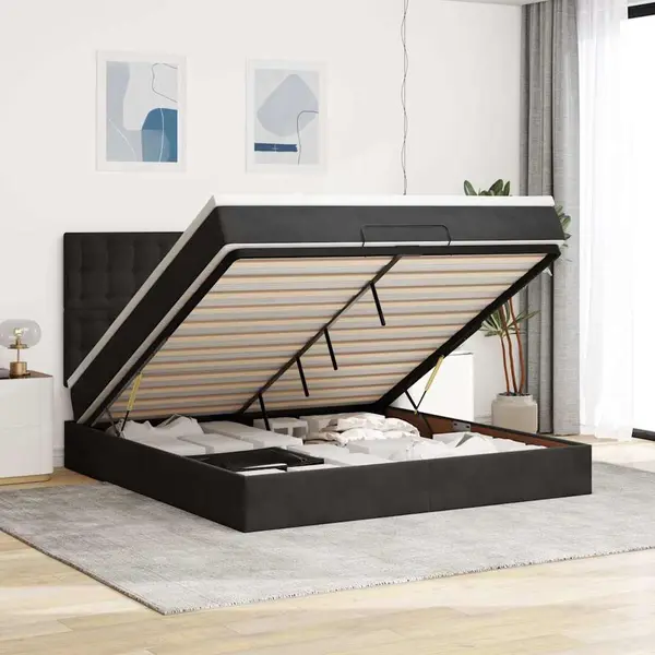 Gossi cadru de pat otoman cu saltele, catifea neagra 160x200cm