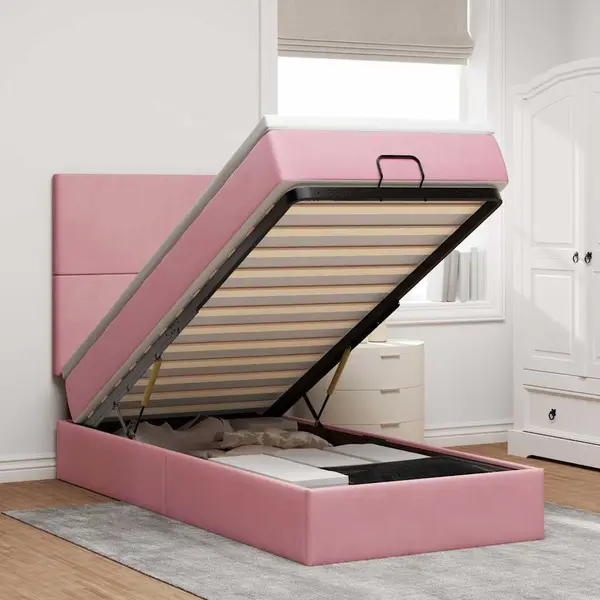 Gossi cadru de pat otoman cu saltele, catifea roz 90x200cm