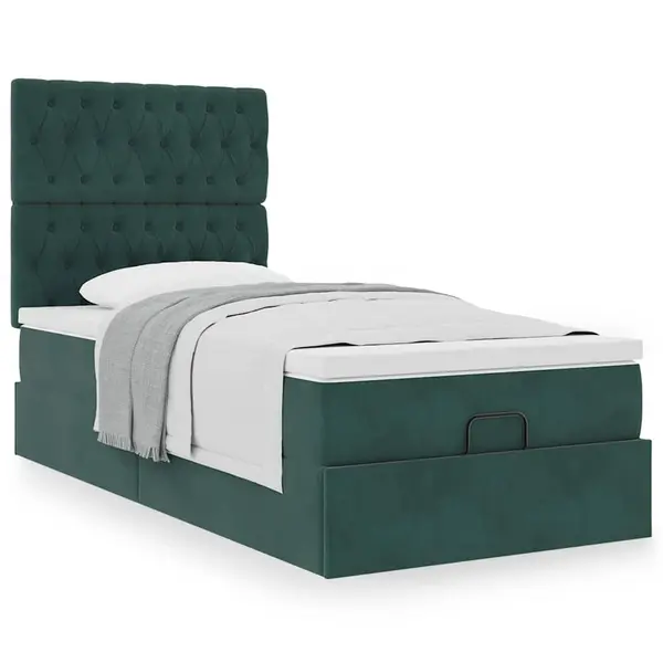 Gossi cadru de pat otoman cu saltele, catifea verde inchis 90x200cm