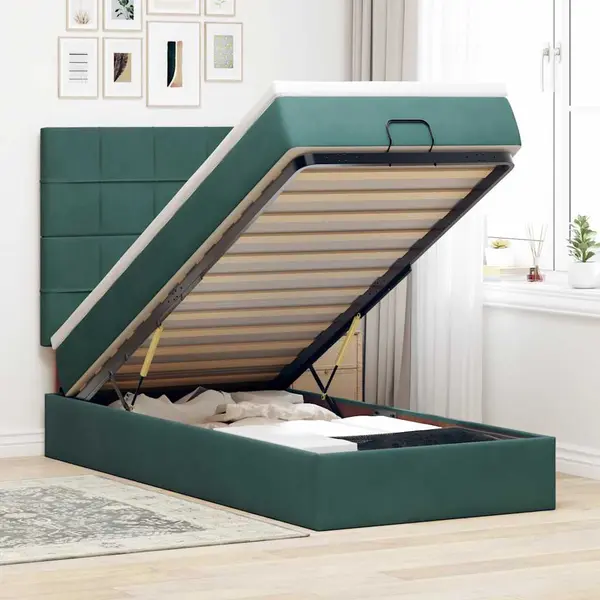 Gossi cadru de pat otoman cu saltele, catifea verde inchis 90x200cm