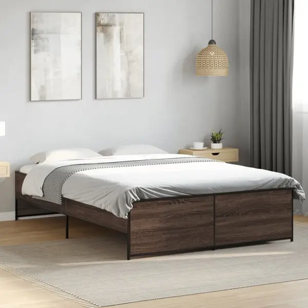 Gossi cadru de pat, stejar maro, 135x190 cm, lemn prelucrat si metal