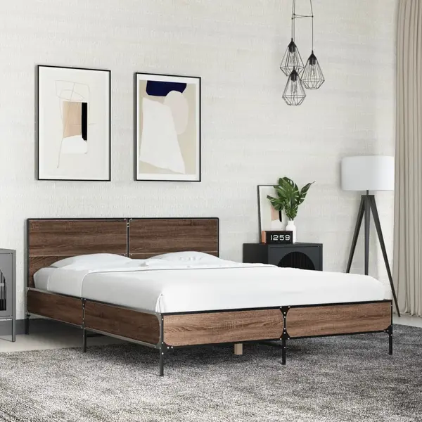 Gossi cadru de pat, stejar maro, 140x200 cm, lemn prelucrat si metal