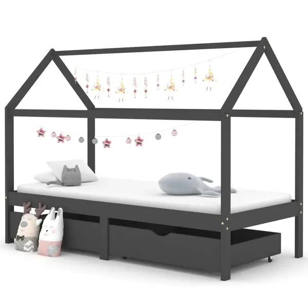 Gossi cadru pat copii cu sertare gri inchis 90x200 cm lemn masiv pin