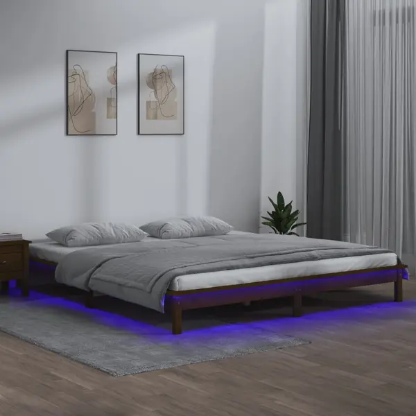 Gossi cadru pat cu led mic dublu maro miere 120x190 cm lemn masiv