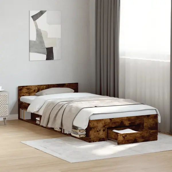 Gossi cadru pat cu sertar stejar fumuriu, 90x200 cm, lemn prelucrat