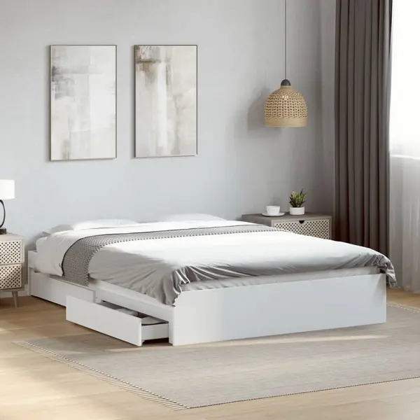 Gossi cadru pat cu sertare alb extralucios 140x190 cm, lemn prelucrat