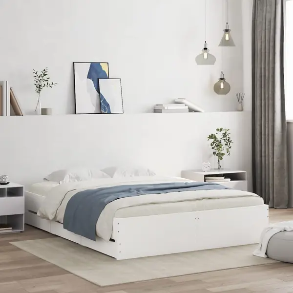 Gossi cadru pat cu sertare alb extralucios 150x200 cm, lemn prelucrat