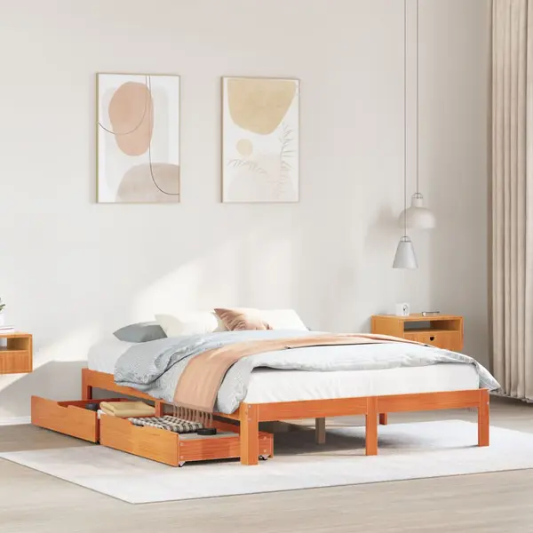 Gossi cadru pat cu sertare maro ceruit, 140x190 cm, lemn masiv de pin