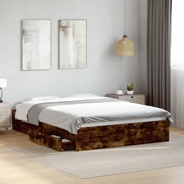 Gossi cadru pat cu sertare stejar fumuriu 120x200 cm lemn prelucrat