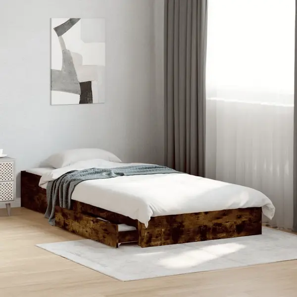 Gossi cadru pat cu sertare stejar fumuriu, 90x200 cm, lemn prelucrat