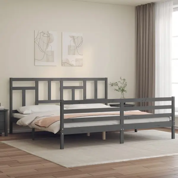 Gossi cadru pat cu tablie 200x200 cm, gri, lemn masiv