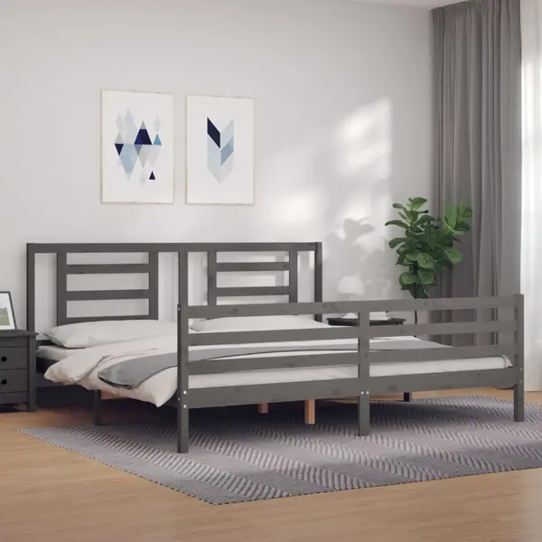 Gossi cadru pat cu tablie 200x200 cm, gri, lemn masiv