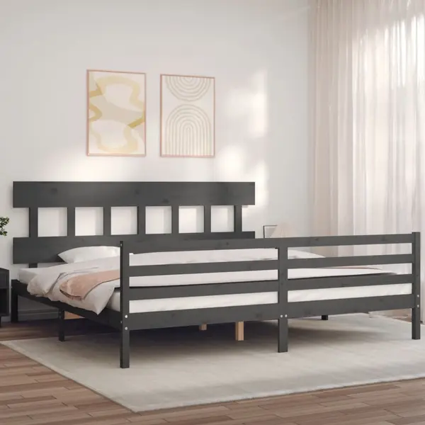 Gossi cadru pat cu tablie 200x200 cm, gri, lemn masiv