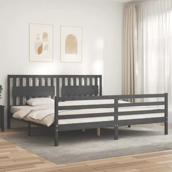 Gossi cadru pat cu tablie 200x200 cm, gri, lemn masiv