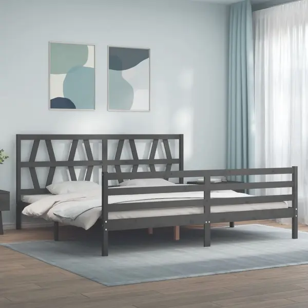 Gossi cadru pat cu tablie 200x200 cm, gri, lemn masiv
