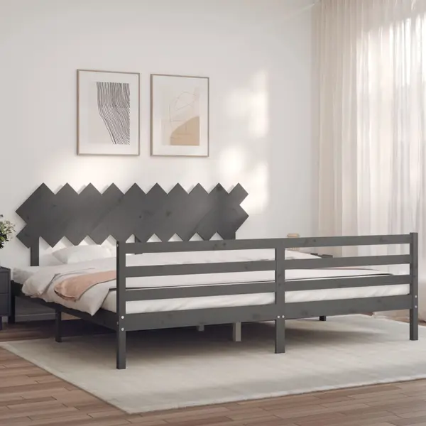 Gossi cadru pat cu tablie 200x200 cm, gri, lemn masiv