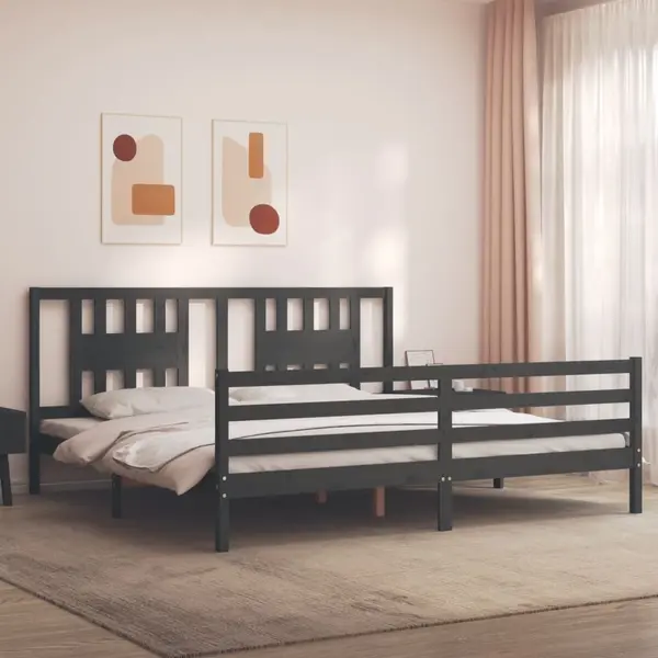 Gossi cadru pat cu tablie 200x200 cm, gri, lemn masiv