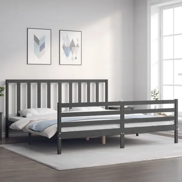 Gossi cadru pat cu tablie 200x200 cm, gri, lemn masiv