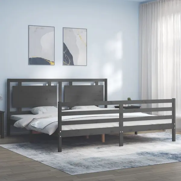 Gossi cadru pat cu tablie 200x200 cm, gri, lemn masiv