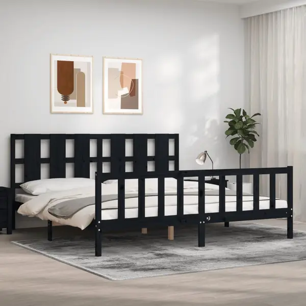 Gossi cadru pat cu tablie 200x200 cm, negru, lemn masiv
