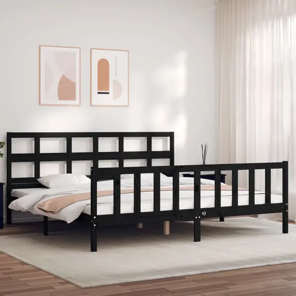Gossi cadru pat cu tablie 200x200 cm, negru, lemn masiv