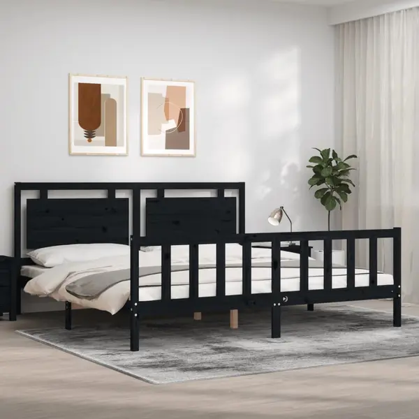 Gossi cadru pat cu tablie 200x200 cm, negru, lemn masiv