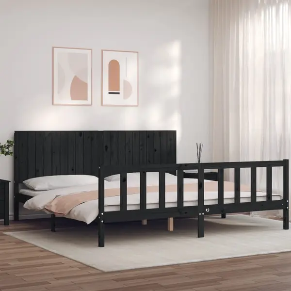 Gossi cadru pat cu tablie 200x200 cm, negru, lemn masiv