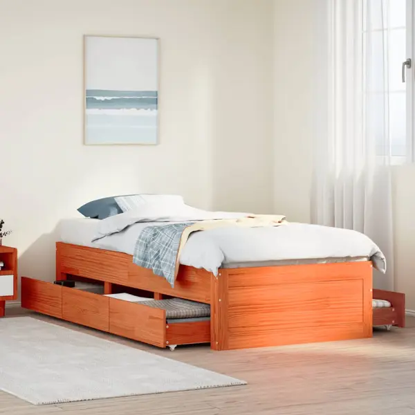 Gossi cadru pat fara saltea/cu sertare maro 75x190 cm lemn masiv pin