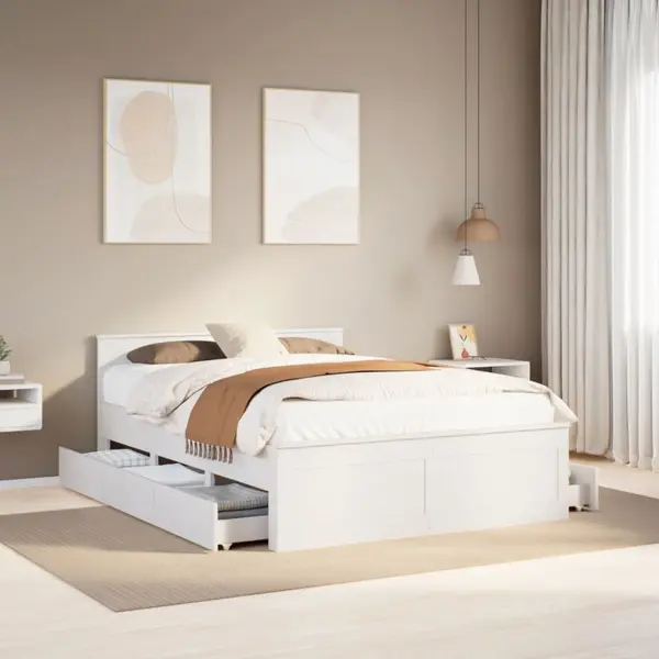 Gossi cadru pat fara saltea/cu tablie, alb, 150x200cm, lemn masiv pin