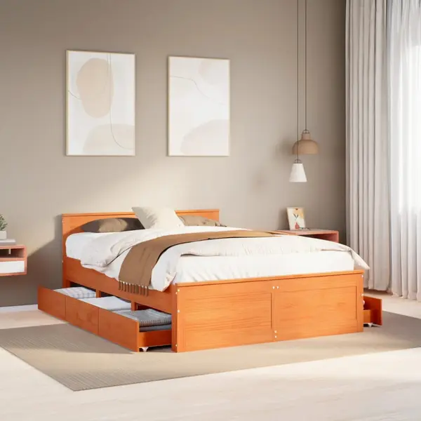 Gossi cadru pat fara saltea/cu tablie maro 140x190 cm lemn masiv pin