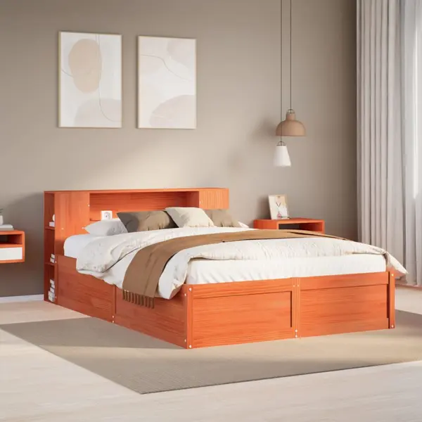 Gossi cadru pat fara saltea, maro ceruit, 135x190 cm, lemn masiv pin