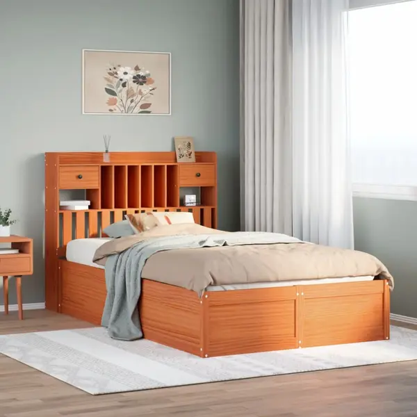 Gossi cadru pat fara saltea, maro ceruit, 135x190 cm, lemn masiv pin