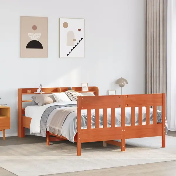 Gossi cadru pat fara saltea, maro ceruit, 135x190 cm, lemn masiv pin