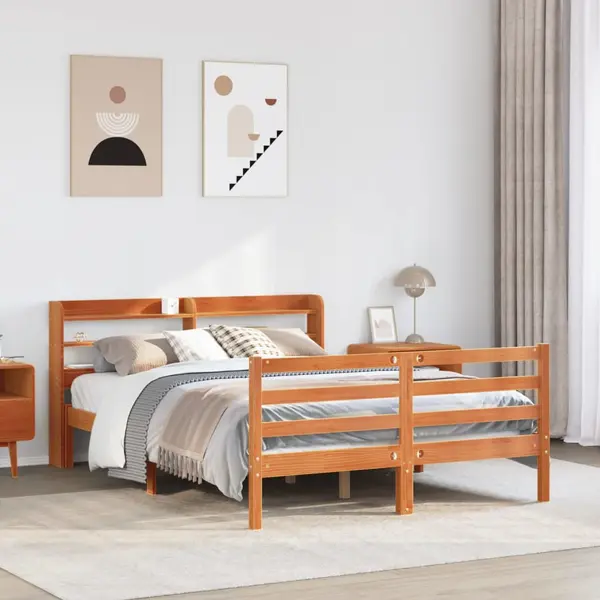 Gossi cadru pat fara saltea, maro ceruit, 135x190 cm, lemn masiv pin