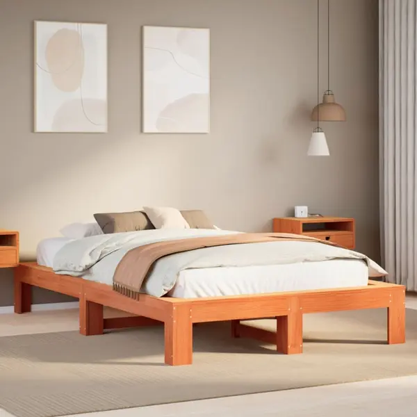 Gossi cadru pat fara saltea, maro ceruit, 135x190 cm, lemn masiv pin