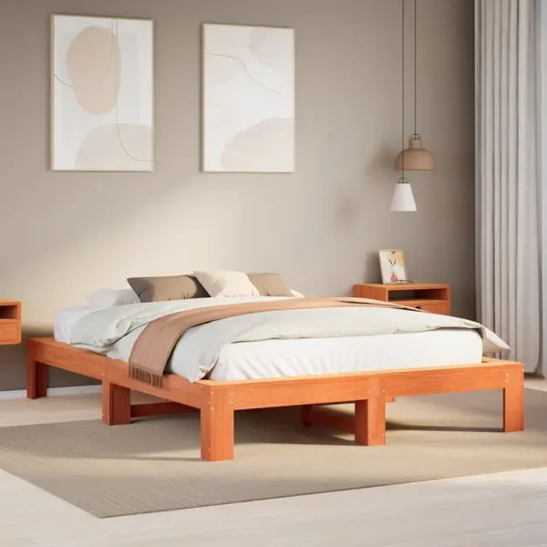 Gossi cadru pat fara saltea, maro ceruit, 140x190 cm, lemn masiv pin