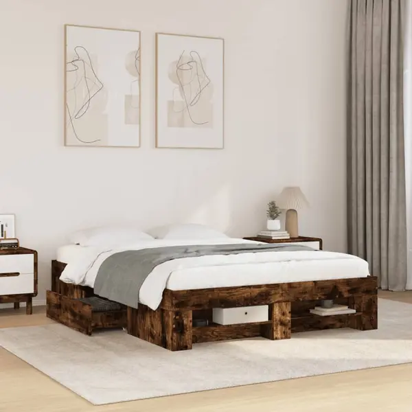 Gossi cadru pat fara saltea stejar afumat, 140x190 cm, lemn prelucrat