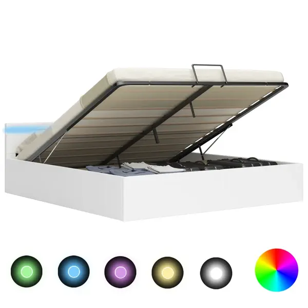 Gossi cadru pat hidraulic cu lada led alb 160x200 cm, piele ecologica