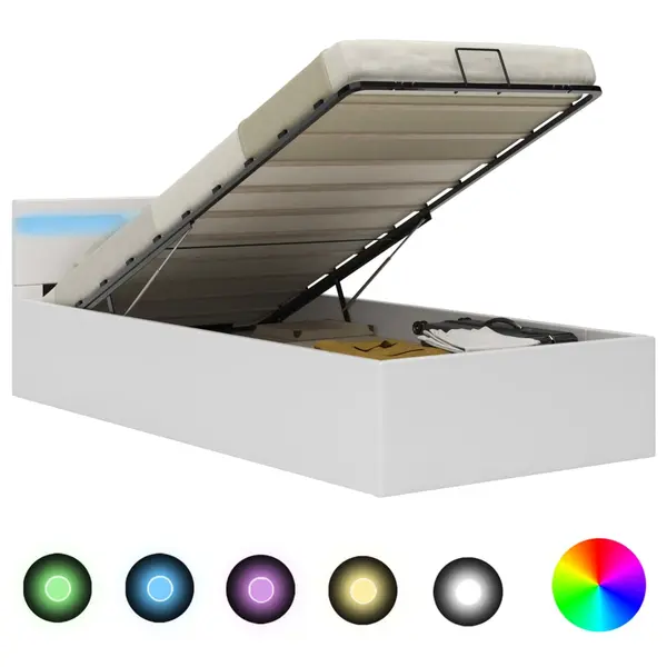 Gossi cadru pat hidraulic cu lada led alb 90x200 cm piele ecologica