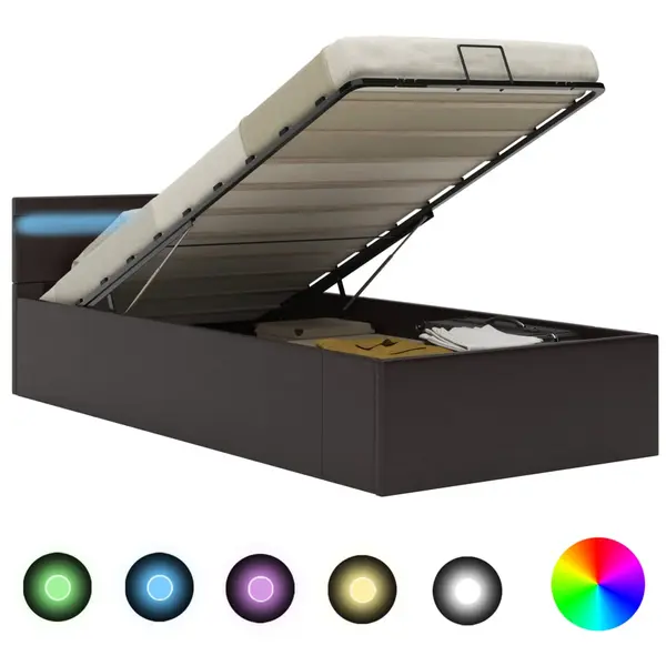 Gossi cadru pat hidraulic cu lada led gri 90x200 cm piele ecologica