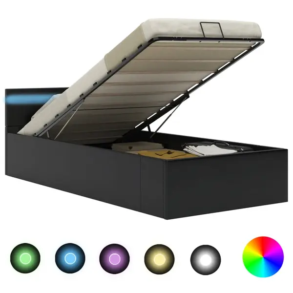 Gossi cadru pat hidraulic cu lada led negru 90x200 cm piele ecologica