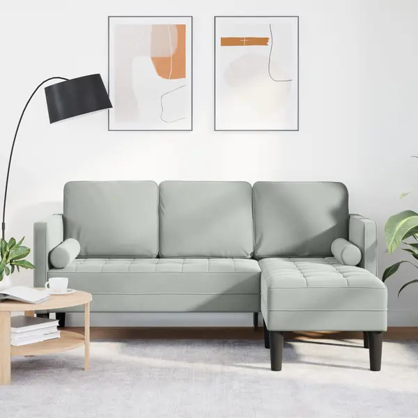 Gossi canapea 3 locuri cu chaise longue in forma de l gri deschis 160 cm din catifea