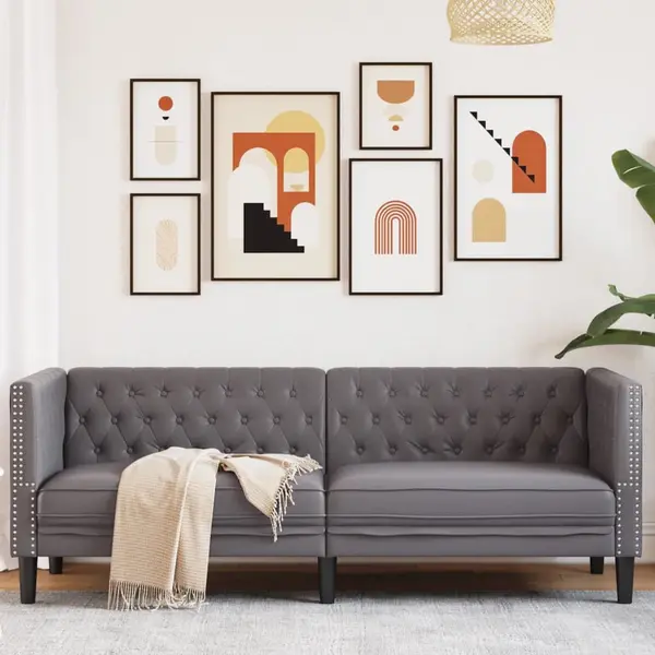 Gossi canapea chesterfield cu 3 locuri, gri, piele ecologica