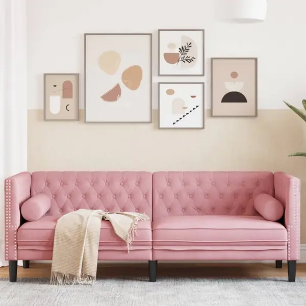 Gossi canapea chesterfield cu pernute/3 locuri, roz, catifea